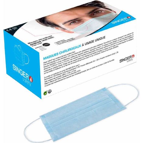Masques Chirurgicaux Jetables 3 epaisseurs Bleus Singer Safety - Non-Tisse Polypropylène - Sans Latex - Boite de 50
