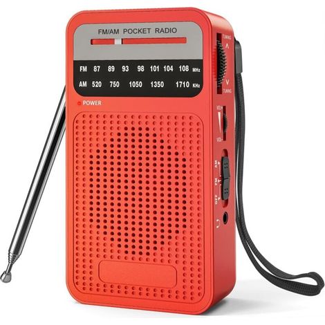 Radio portable AM FM avec réception longue portée, radio transistor avec haut-parleur, prise casque, rouge (1/4)
