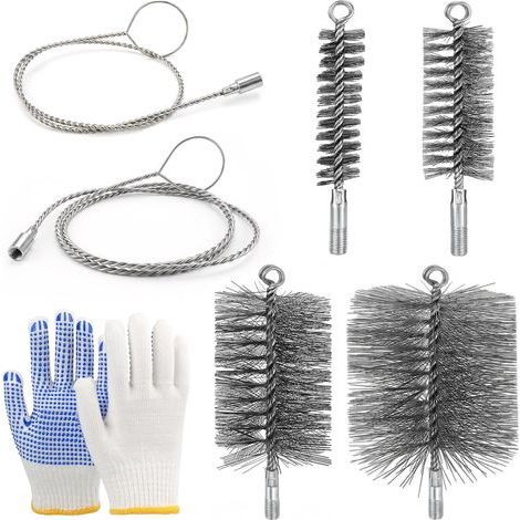 Set di 7 spazzole per canna fumaria (misure 30/50/80/150 mm) con due aste (1 metro e 2 metri) e un paio di guanti per la pulizia dei condotti del camino (1/4)