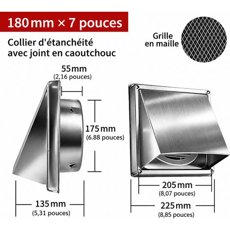Grille d'aération murale carrée 180 mm 7 pouces avec grille en inox 304 180mm 7 réf 7708 23 × 23 × 14 cm 750 g – Livraison gratuite