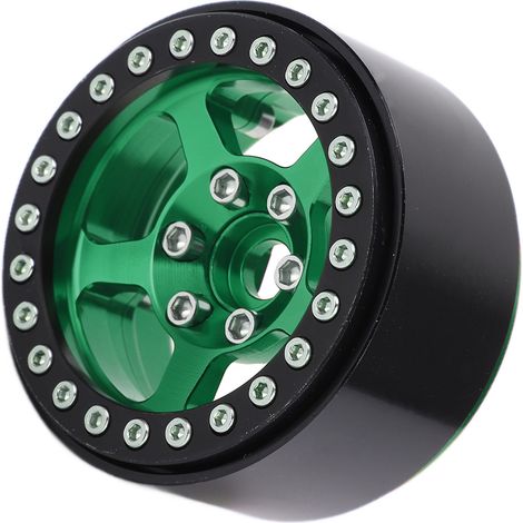 Jantes en alliage d'aluminium 5 trous argentées 1,9 pouces, jantes à verrouillage de perles non tachantes, pneus RC, moyeux de roue verts fluorescents (1/5)