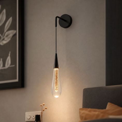 Applique murale goutte d'eau, design moderne en aluminium et verre, éclairage LED 5W tricolore réglable, noir, hauteur 25cm