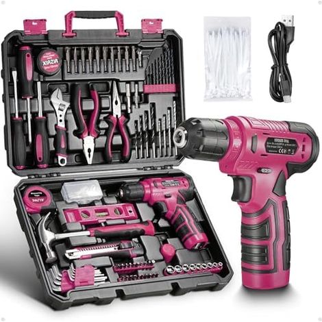 Kit d’outils 233 pièces avec perceuse sans fil, boîte à outils complète pour bricolage domicile comprenant tournevis, pinces, marteau, accessoires et Rose - (1/5)