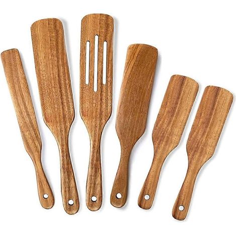 Ensemble de 6 spatules en bois d'acacia naturel, ustensiles de cuisine, spatules en bois pour remuer et cuisiner