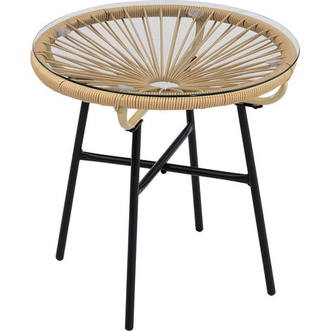 Tavolino da giardino rotondo in rattan, vetro temperato, 50 x 50 x 50 cm, beige e nero (1/5)