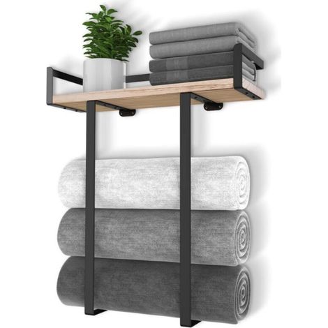 Porte-serviettes mural en métal 1 pièce avec étagère en bois pour décoration de rangement de petite salle de bain ou rangement de serviettes de camping en camping-car (1/5)