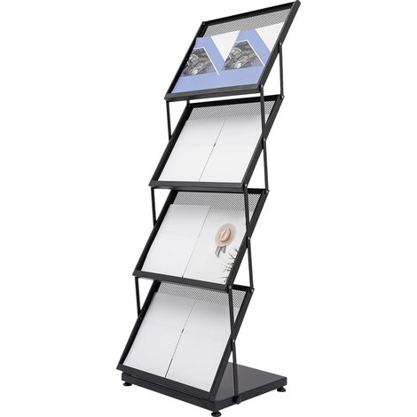 Espositore per riviste a 4 livelli, porta brochure, portariviste pieghevole in formato A3 per brochure, libri, giornali, riviste - Nero