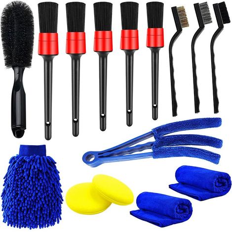royaluxe - 15Pcs Brosses De Nettoyage Voiture, Kit De Nettoyage De Voiture Avec Brosse De Détail, Brosse Métallique, brosse de climatisation automobile, Gant De Lavage, Tampon Applicateur, Serviettes (1/5)