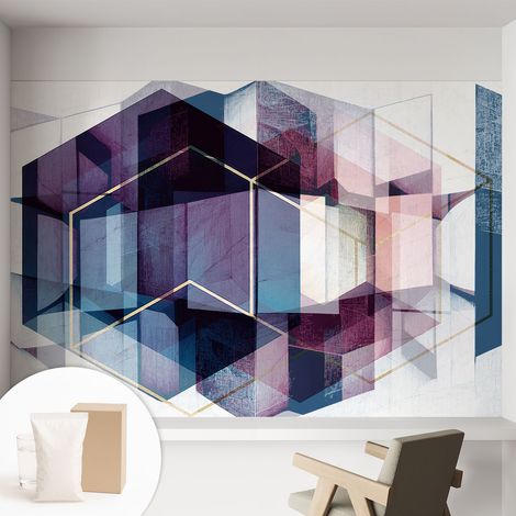 Papier peint intissé mural avec colle pour salon et chambre Décoration murale rapide - Colle incluse gratuite Cubes géométriques 152x104 cm (1/5)