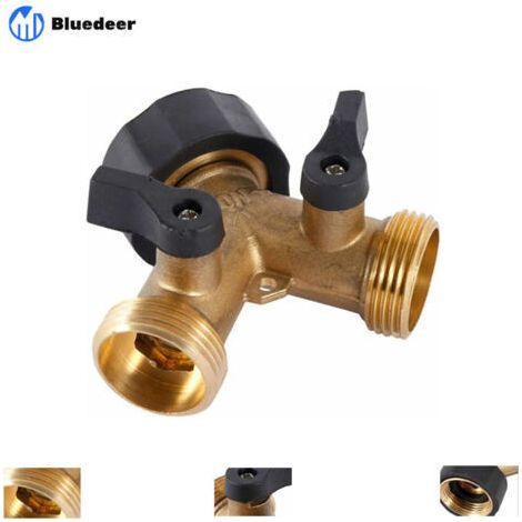 Robinet Double Machine a Laver, Répartiteur Raccord Robinet Tuyau d'Arrosage en Y 2 Voies pour Tuyaux d'Alimentation 3/4", Robinet Exterieur Jardin Double en Laiton Robuste (1/5)