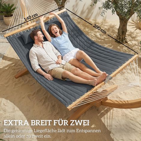 Hamac Extérieur 200x140cm, Hamac Double Couche avec Appuie-tête Poche Magazine Barres en Bois jusqu'à 200kg (1/5)