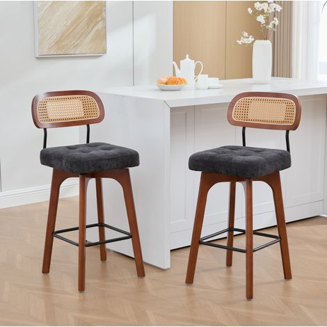 Lot de 2 tabourets de bar pivotants 360° avec dossier en rotin, chenille noire (1/5)