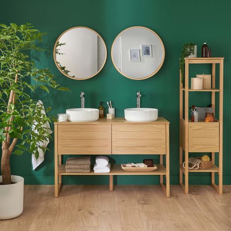 Mueble doble 120cm roble columna lavabos grifos espejos ATOLL