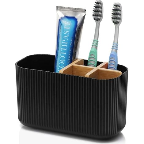 Porte-brosses à dents en bambou, organisateur de salle de bain à 5 compartiments, porte-brosses à dents électriques et dentifrice noir pour lavabo (1/5)