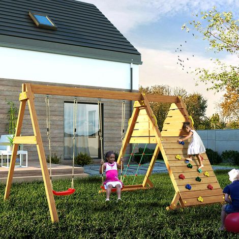 Fungoo Kletterturm "Spider King", teak, mit Doppelschaukel und Kletterwand (1/5)