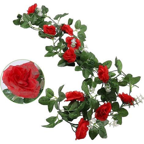 Set mit 2 künstlichen Rosengirlanden mit je 10 Köpfen, naturgetreuen grünen Seidenblättern und roten Akzenten, romantische Dekoration für Zuhause, Garten und Hochzeitsfeiern, 2,2 m (1/4)