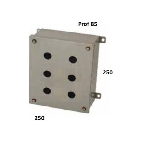 Boitier carré acier inox 250x250x85mm avec 6 perçages Ø 22.5mm sur couvercle pour commande auxilliaire IK10 étanche IP66