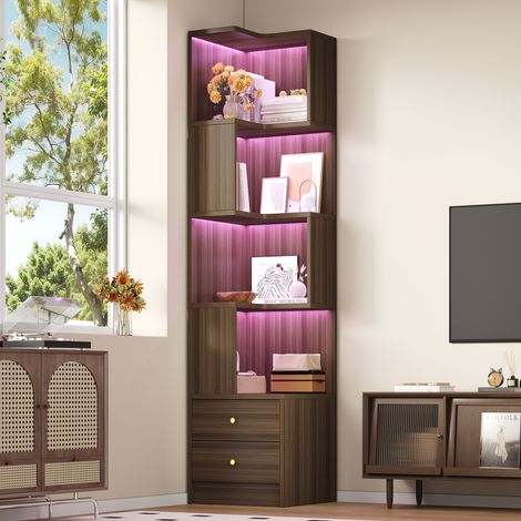 Vitrine d’angle en L 45x43,5x180 cm avec LED multicolore contrôlée par application, 4 niveaux ouverts, 2 tiroirs, MDF marron autoportant (1/5)
