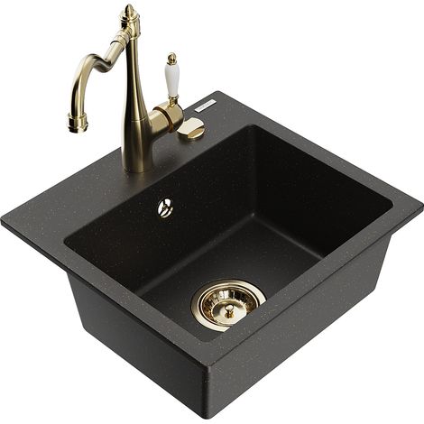Mexen Milo 1-Becken-Granit-Spüle mit Mischbatterie Carla, Schwarz/Gold metallisch - 6505-75-670700-5