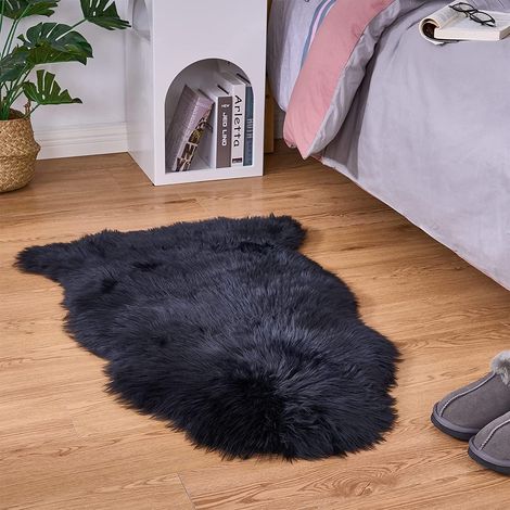 1 Tapis en fourrure synthétique, 6 cm épaisseur, doux et chaud, pour salon chambre bureau, Noir, 50 x 80 cm
