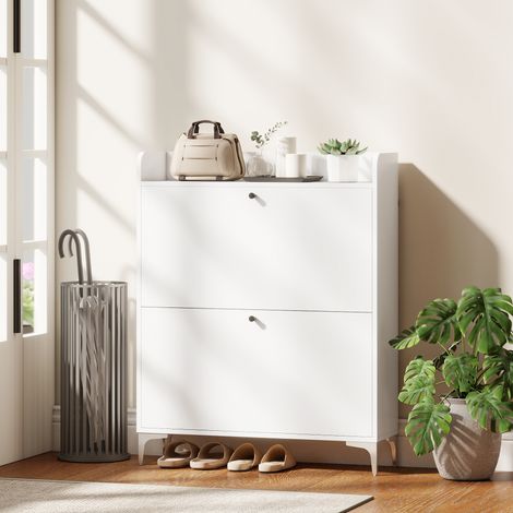 Schuhschrank für 16 Paar Schuhe, Schuhschrank mit 2 Klappschubladen, verstellbaren Einlegeböden, 80 x 24 x 101 cm, weiß