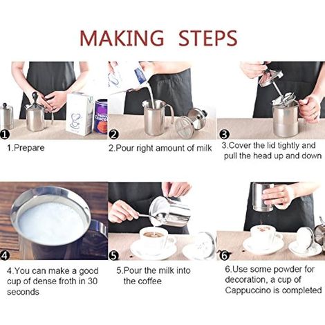 Mousseur à lait, 400ML / 800ML Acier Inoxydable Manuel Mousseur à Lait En Acier Double Mousse Mélangeur Pour Café, Latte, Café Chocolat Chaud Cappuccino Mousseur À Laitière (400ml)