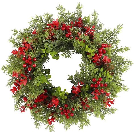 Couronne de Noël en eucalyptus de 40 cm avec baies rouges, décoration artificielle réaliste pour porte d'entrée et cheminée. (1/5)