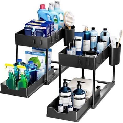 Set of 2 two-tier sink organizers, kitchen organizers with removable drawers, pull-out under-sink storage, cabinet organizer, shelf, sliding basket for the kitchen – Black