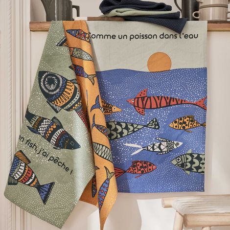 Set de 3 torchons motifs poisson Bleu 50x70 cm (1/2)