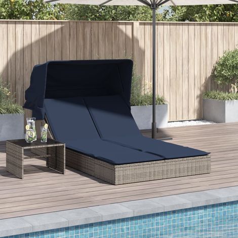 Doppelte Sonnenliege mit Baldachin und Kissen, grau, Polyrattan