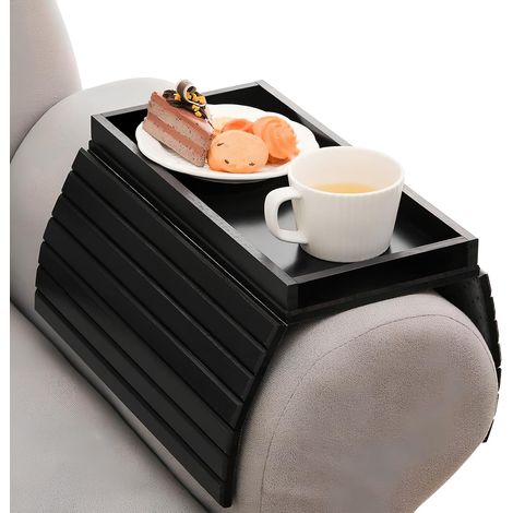 Bambus-Sofa-Armlehnenablage, flexibel und faltbar, rutschfester Beistelltisch für Sofa, Sofa-Organizer mit Armlehnenstütze (Schwarz)