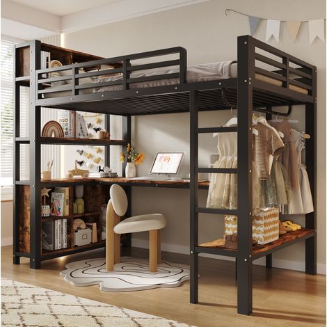 Lit mezzanine 90x200 cm en métal et MDF noir avec bureau, gain de place, sans matelas – MEUBLIV (1/5)