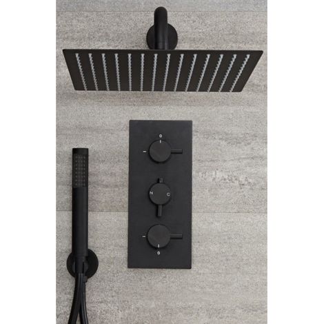 Milano Nero 2 Outlet Triple Thermostatic Mixer Shower Valve with 300mm Wall Mounted Square Rainfall Shower Head and Hand Shower Handset Kit - Black