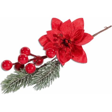 Rametti pick stella di Natale in velluto, bacche rosse e pino, set da 24 pezzi, cm 13 H (con gambo 21)