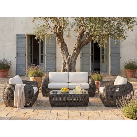 Lot de 2 fauteuils de jardin en résine tressée - Anthracite avec coussins blancs - VEYRO de MYLIA (1/4)
