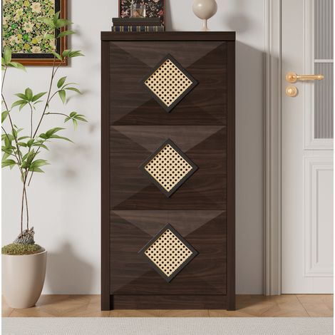 Meuble à chaussures 3 portes basculantes, 54 x 25 x 115 cm, bois foncé et rotin HAVRYA (1/5)