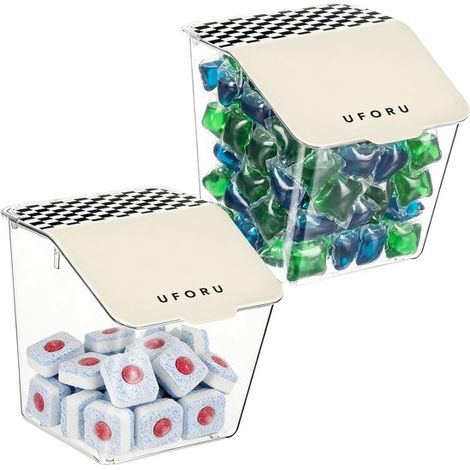 Scatola portaoggetti in 2 pezzi per detersivo liquido per bucato, con coperchio, per montaggio a parete, per detersivo liquido, palline per asciugatrice e perle profumate, soluzione salvaspazio. (1/4)