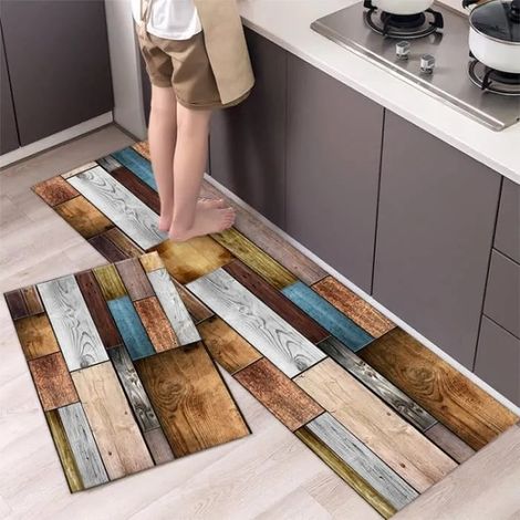 2 Pièces Tapis de Cuisine - 40 x 60cm & 40 x 120cm - Marron - Antidérapant en bas - Lavable Tapis de sol - Motif de grain de bois (1/2)