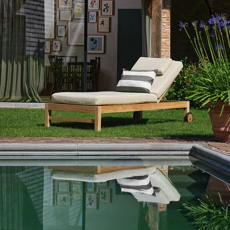 Bain de soleil inclinable en teck massif avec coussins beige chiné (1/5)