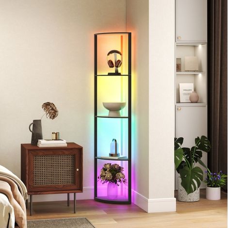 REDOM Lámpara de pie 42x29.5x163 cm, con estantería de 5 niveles e iluminación RGB con mando a distancia, MDF negra (1/5)