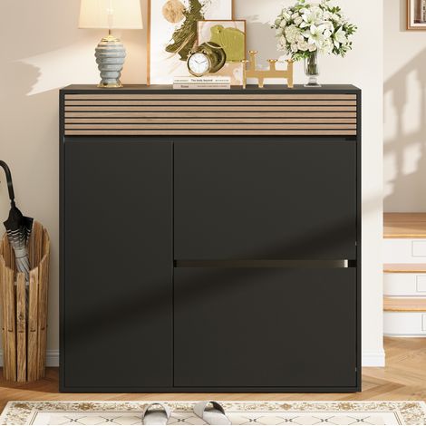 Zapatero 100 x 35 x 105 cm con 2 abatibles, 1 puerta y 1 cajón, negro y natural OKMYHOME (1/5)