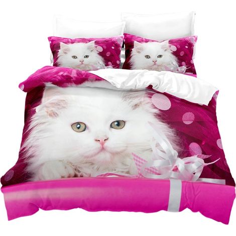 Parure de lit à motif chat 220x240cm, rose, avec 2 taies d'oreiller, microfibre, literie 3D pour animaux (1/3)