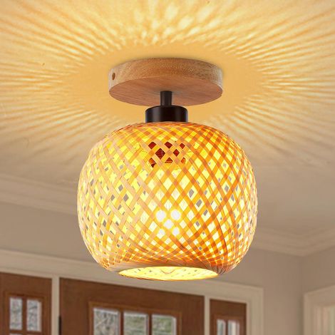 Plafonnier semi-encastré en bambou de taille mini de style bohème fait à la main, abat-jour en bois de rotin, luminaires de ferme pour chambre à coucher, chambre d'enfant, corridor, passage (1/5)