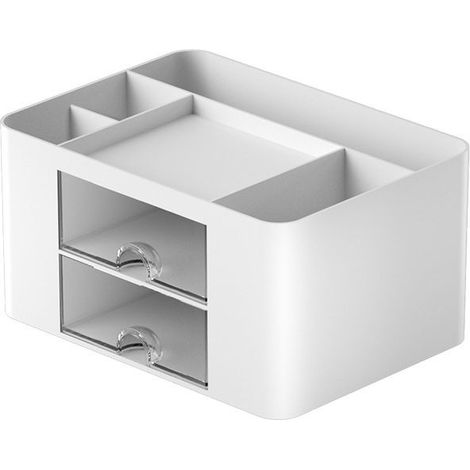 Organisateur de Bureau Multifonctionnel, Rangement en Plastique avec 5 Compartiments, 2 Tiroirs Coulissants, Organisateur de Maquillage Boîte à Cosmétique pour Maison École Bureau (Blanc) (1/4)