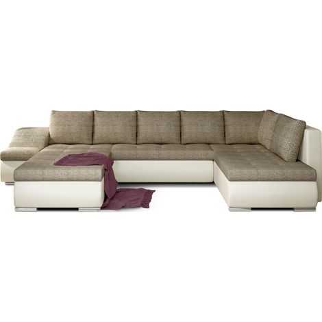 Canapé panoramique convertible JONAZ simili cuir, tissu - Rangement integré A gauche-Beige clair/Beige chiné-Méridienne A gauche (1/5)