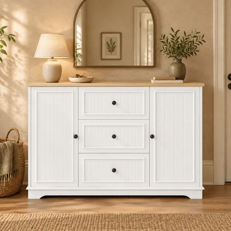 Credenza da cucina bianca in MDF, 3 cassetti e 2 ante, 126x40x86 cm- FLORAGRACE (1/5)