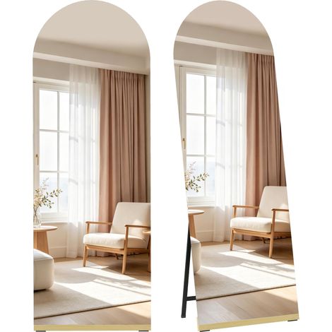 Miroir sur pied incurvé pleine longueur 160 x 50 cm, sans cadre, base en bois, transparent (1/4)