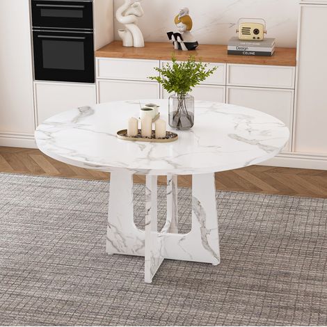 Mesa de comedor redonda 120x120x76 cm para 4 a 6 personas, superficie con efecto mármol, MDF blanco (1/5)