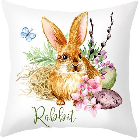 Taie D Oreiller - 45 x 45 cm - Motif Lapin De Pâques - Velours Court - Fermeture Éclair Cachée - 1 Pièce