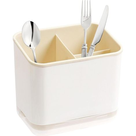Escurridor de cubiertos, organizador de tenedores y cucharas con 3 compartimentos y bandeja de drenaje, para cuchillos, tenedores y cucharas, cesta de secado para fregadero (amarillo) (1/5)